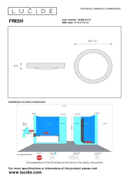 Lucide FRESH - Flush ceiling light Bathroom - Ø 27 cm - 1xE27 - IP44 - White - technical